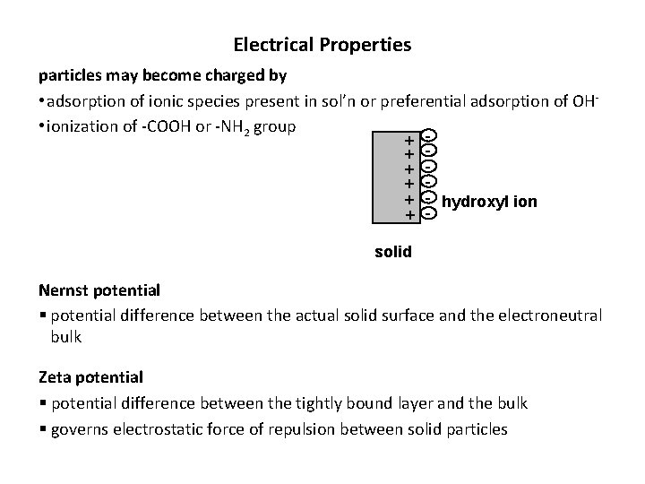 Electrical Properties particles may become charged by • adsorption of ionic species present in Electrical Properties particles may become charged by • adsorption of ionic species present in