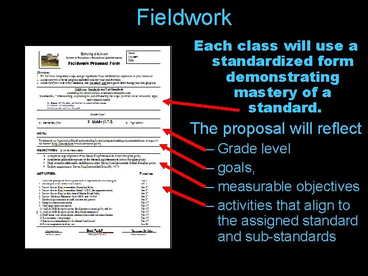 Fieldwork Each class will use a standardized form demonstrating mastery of a standard. The