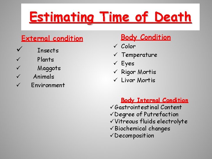Estimating Time of Death Body Condition External condition ü Insects ü ü Plants Maggots