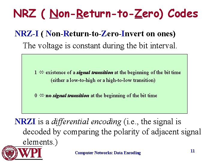 NRZ ( Non-Return-to-Zero) Codes NRZ-I ( Non-Return-to-Zero-Invert on ones) The voltage is constant during