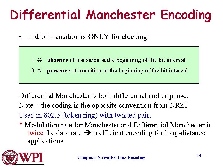 Differential Manchester Encoding • mid-bit transition is ONLY for clocking. 1 absence of transition