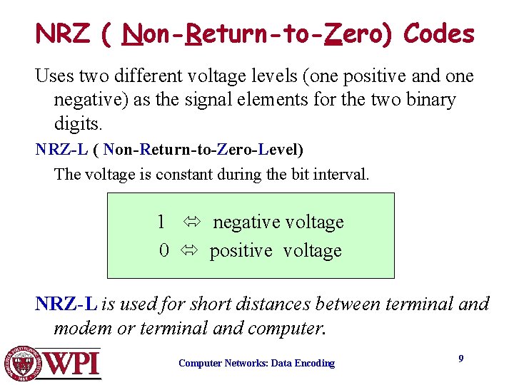 NRZ ( Non-Return-to-Zero) Codes Uses two different voltage levels (one positive and one negative)