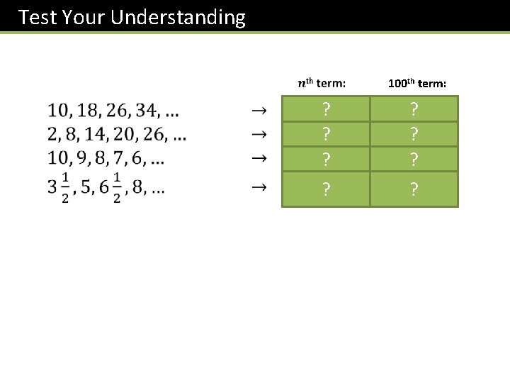 Test Your Understanding 100 th term: ? ? ? ? ? 