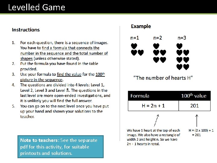 Levelled Game Note to teachers: See the separate pdf for this activity, for suitable