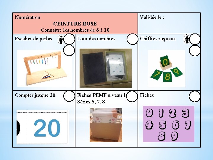 Numération Validée le : CEINTURE ROSE Connaitre les nombres de 6 à 10 Escalier