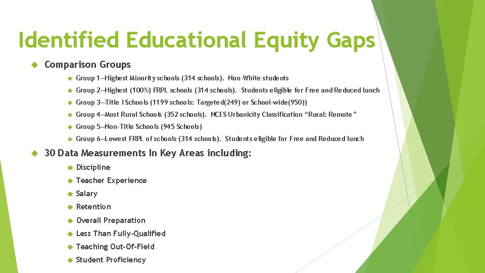 Identified Educational Equity Gaps Comparison Groups Group 1—Highest Minority schools (314 schools). Non-White students