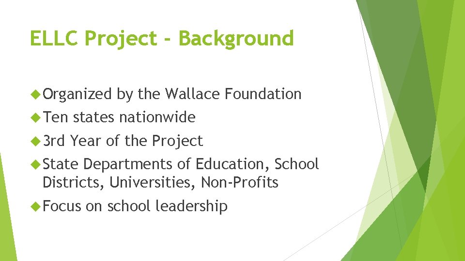 ELLC Project - Background Organized by the Wallace Foundation Ten states nationwide 3 rd