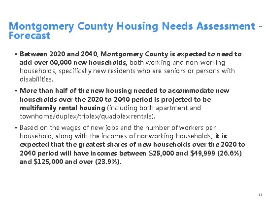 Montgomery County Housing Needs Assessment Forecast • Between 2020 and 2040, Montgomery County is