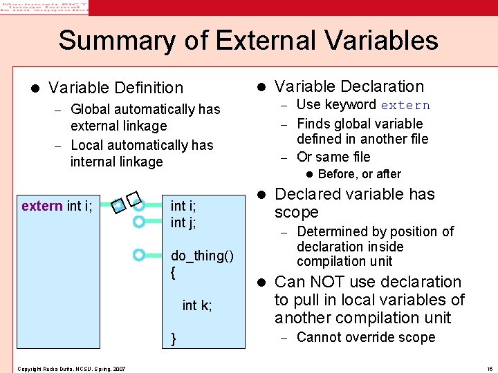 Summary of External Variables l Variable Definition l Use keyword extern – Finds global