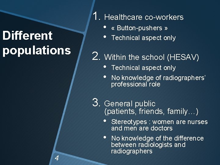 1. Healthcare co-workers Different populations • • « Button-pushers » Technical aspect only 2.