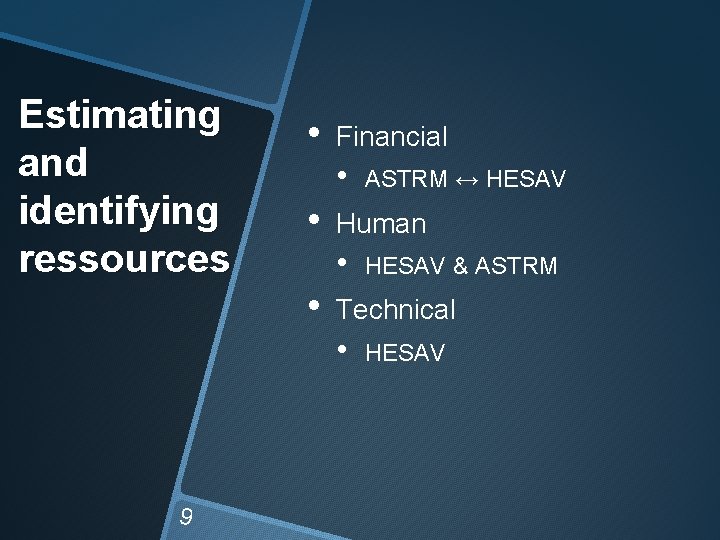 Estimating and identifying ressources • Financial • • Human • • HESAV & ASTRM