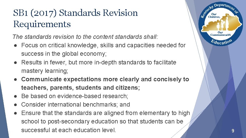 SB 1 (2017) Standards Revision Requirements The standards revision to the content standards shall: