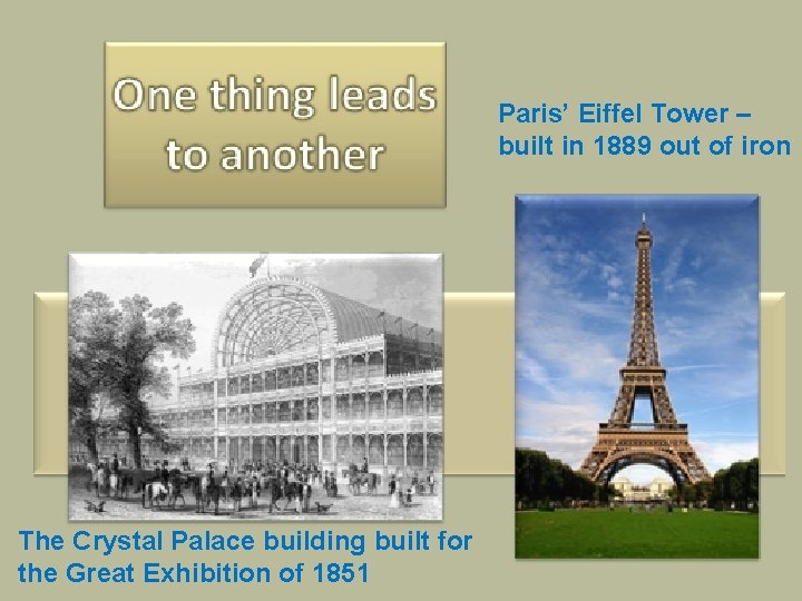 Paris’ Eiffel Tower – built in 1889 out of iron The Crystal Palace building