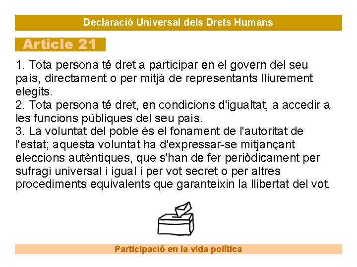 Declaració Universal dels Drets Humans Article 21 1. Tota persona té dret a participar