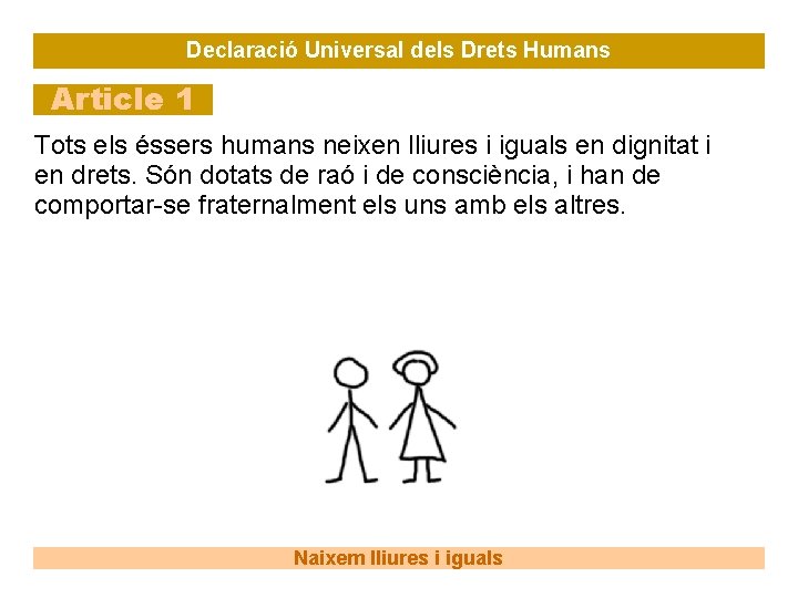 Declaració Universal dels Drets Humans Article 1 Tots els éssers humans neixen lliures i