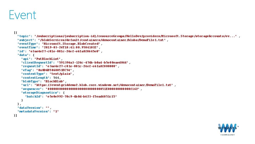 Event [{ "topic": "/subscriptions/{subscription-id}/resource. Groups/Hello. Dev/providers/Microsoft. Storage/storage. Accounts/ev. . . " , "subject": "/blob.