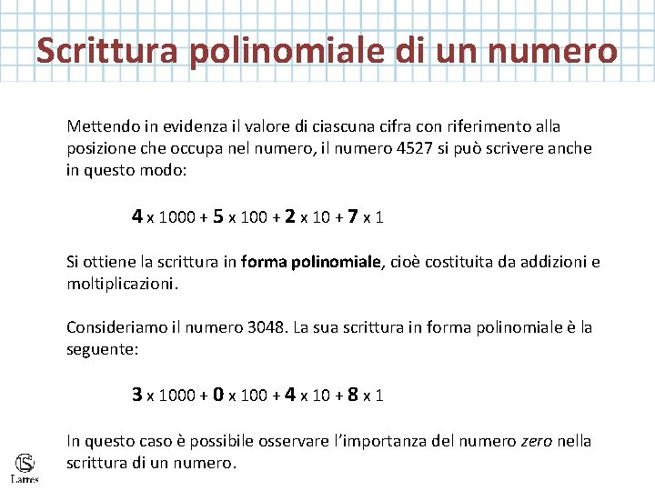 Scrittura polinomiale di un numero Mettendo in evidenza il valore di ciascuna cifra con Scrittura polinomiale di un numero Mettendo in evidenza il valore di ciascuna cifra con