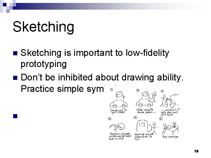 Sketching is important to low-fidelity prototyping n Don’t be inhibited about drawing ability. Practice