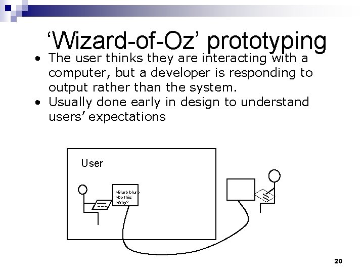 ‘Wizard-of-Oz’ prototyping • The user thinks they are interacting with a computer, but a