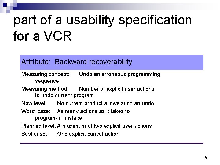 part of a usability specification for a VCR Attribute: Backward recoverability Measuring concept: Undo