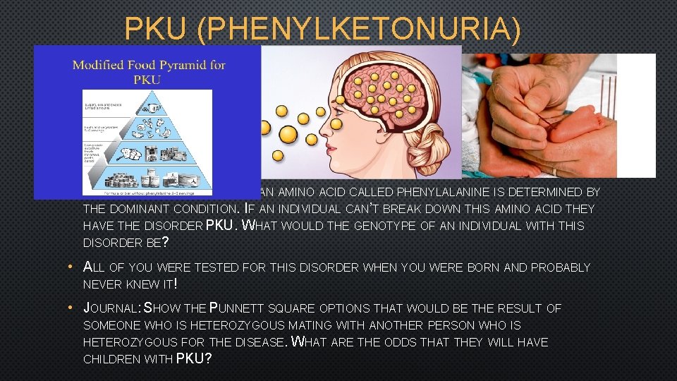 PKU (PHENYLKETONURIA) • THE ABILITY TO BREAK DOWN AN AMINO ACID CALLED PHENYLALANINE IS