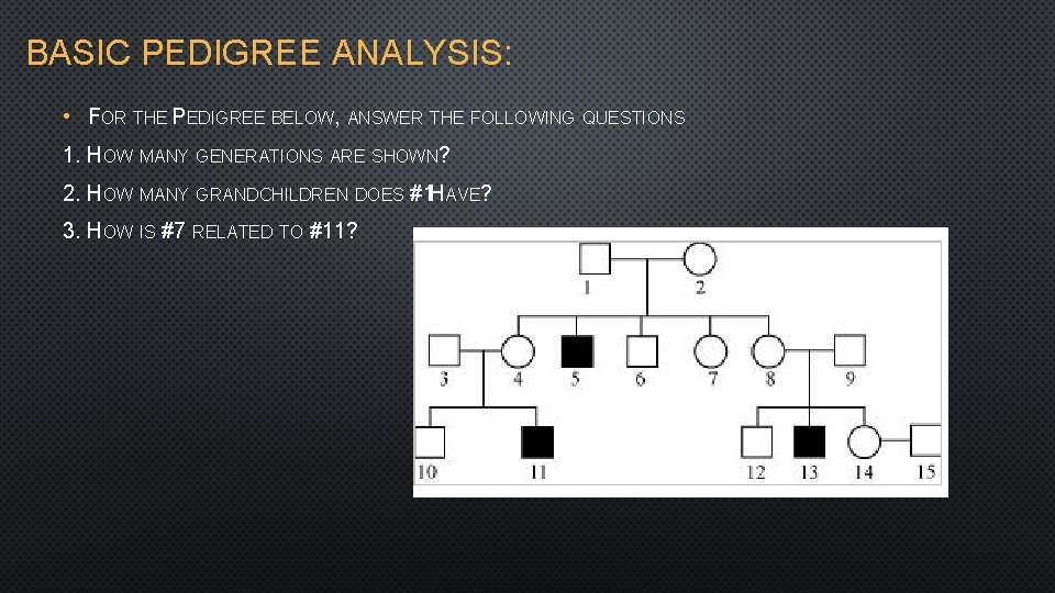 BASIC PEDIGREE ANALYSIS: • FOR THE PEDIGREE BELOW, ANSWER THE FOLLOWING QUESTIONS 1. HOW