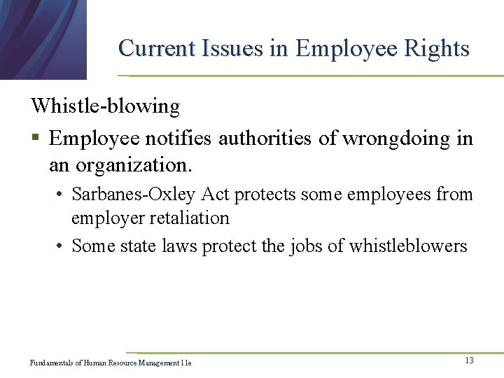Current Issues in Employee Rights Whistle-blowing § Employee notifies authorities of wrongdoing in an