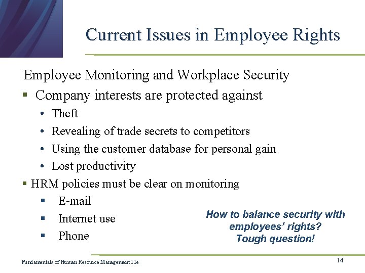 Current Issues in Employee Rights Employee Monitoring and Workplace Security § Company interests are