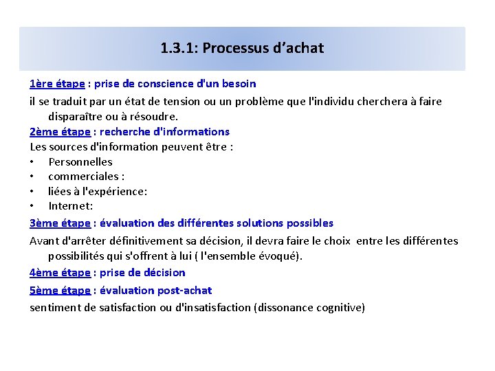 1. 3. 1: Processus d’achat 1ère étape : prise de conscience d'un besoin il