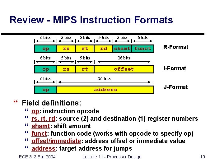 Review - MIPS Instruction Formats 6 bits 5 bits op rs rt rd 6