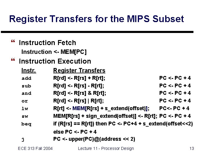 Register Transfers for the MIPS Subset } Instruction Fetch Instruction <- MEM[PC] } Instruction