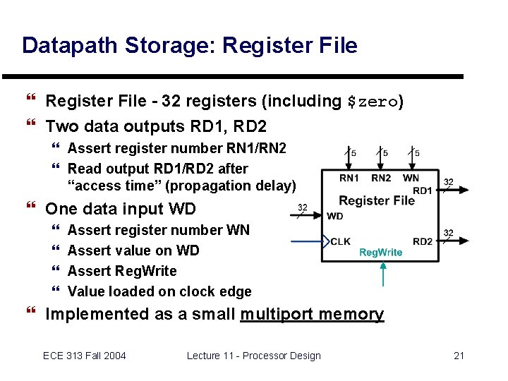 Datapath Storage: Register File } Register File - 32 registers (including $zero) } Two