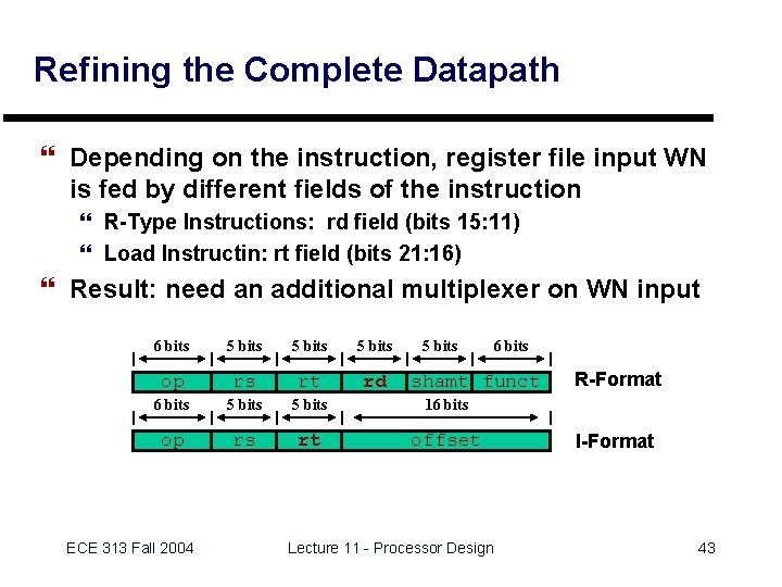 Refining the Complete Datapath } Depending on the instruction, register file input WN is
