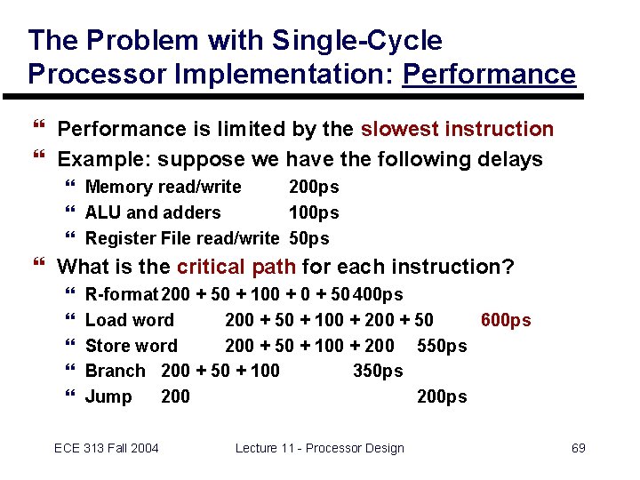 The Problem with Single-Cycle Processor Implementation: Performance } Performance is limited by the slowest