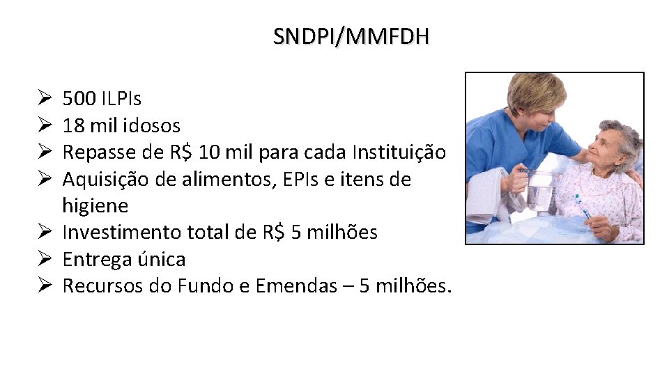 SNDPI/MMFDH 500 ILPIs 18 mil idosos Repasse de R$ 10 mil para cada Instituição