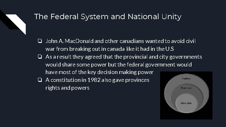 The Federal System and National Unity ❏ John A. Mac. Donald and other canadians