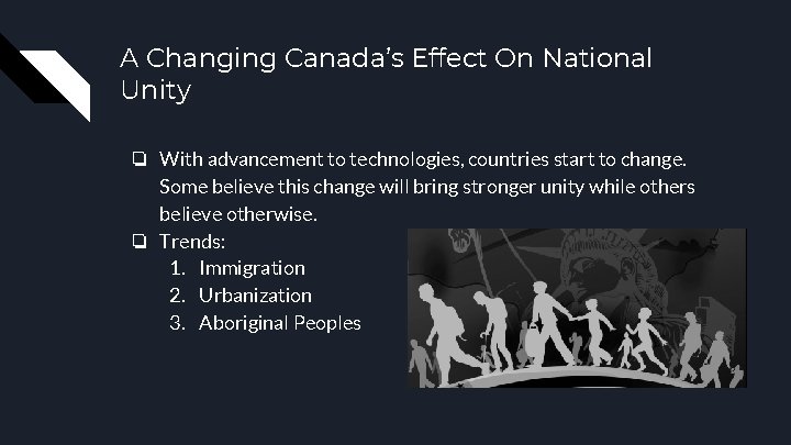 A Changing Canada’s Effect On National Unity ❏ With advancement to technologies, countries start