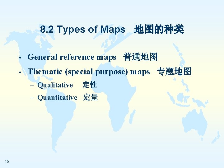 8. 2 Types of Maps 地图的种类 • General reference maps 普通地图 • Thematic (special
