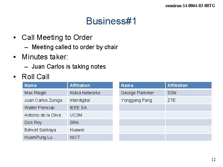 omniran-14 -0064 -03 -00 TG Business#1 • Call Meeting to Order – Meeting called