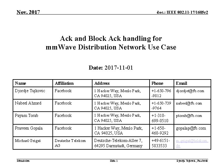 Nov. 2017 doc. : IEEE 802. 11 -17/1605 r 2 Ack and Block Ack