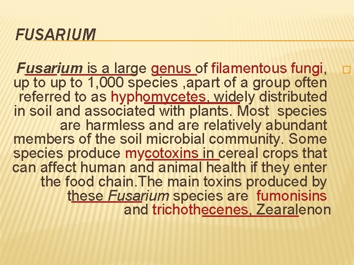 FUSARIUM Fusarium is a large genus of filamentous fungi, up to 1, 000 species