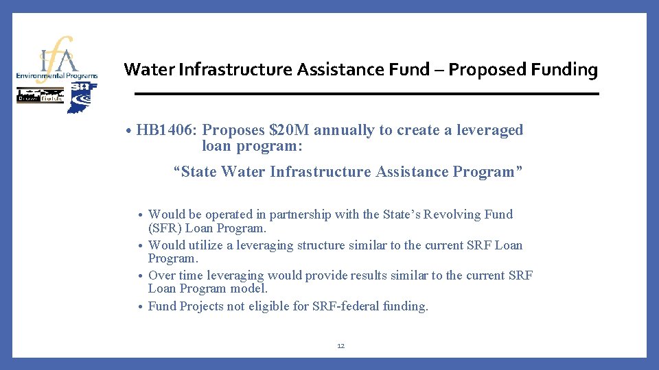 Water Infrastructure Assistance Fund – Proposed Funding • HB 1406: Proposes $20 M annually