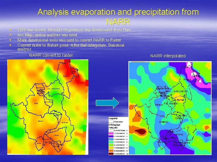 Analysis evaporation and precipitation from NARR § § 1999 was shown. Monthly evaporation was