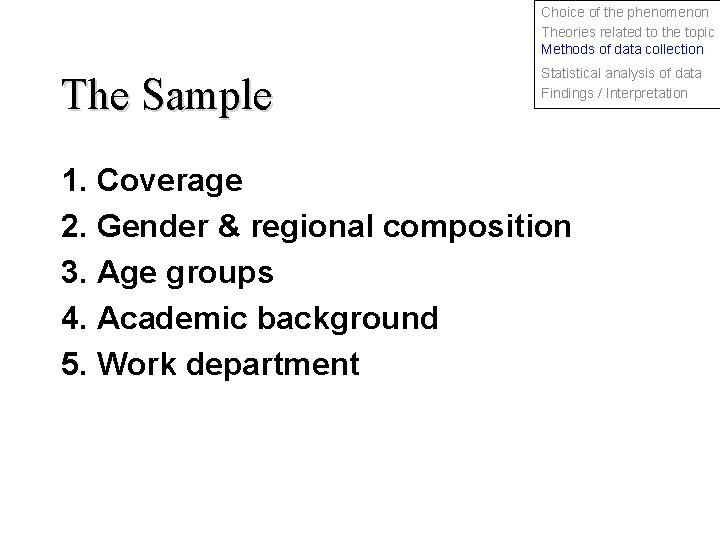 Choice of the phenomenon Theories related to the topic Methods of data collection The