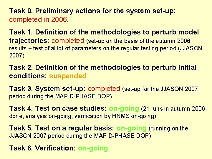 Task 0. Preliminary actions for the system set-up: completed in 2006. Task 1. Definition
