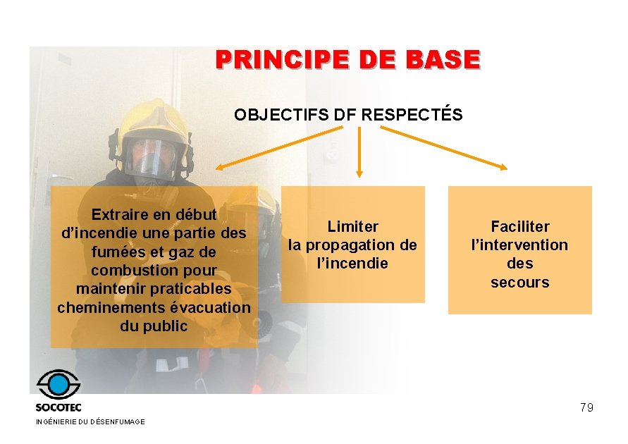 PRINCIPE DE BASE OBJECTIFS DF RESPECTÉS Extraire en début d’incendie une partie des fumées