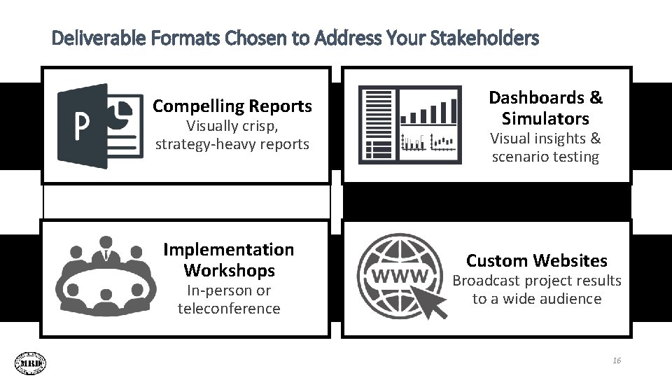 Deliverable Formats Chosen to Address Your Stakeholders Compelling Reports Visually crisp, strategy-heavy reports Implementation