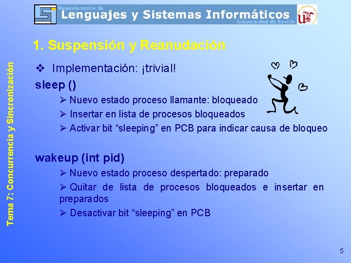 Tema 7: Concurrencia y Sincronización 1. Suspensión y Reanudación v Implementación: ¡trivial! sleep ()