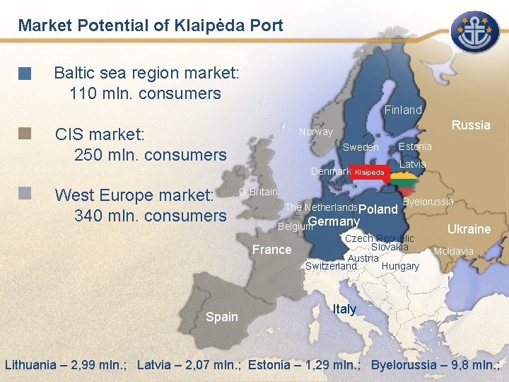 Market Potential of Klaipėda Port Baltic sea region market: 110 mln. consumers Finland CIS