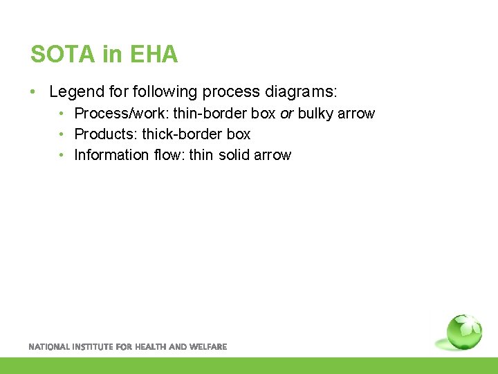 SOTA in EHA • Legend for following process diagrams: • Process/work: thin-border box or